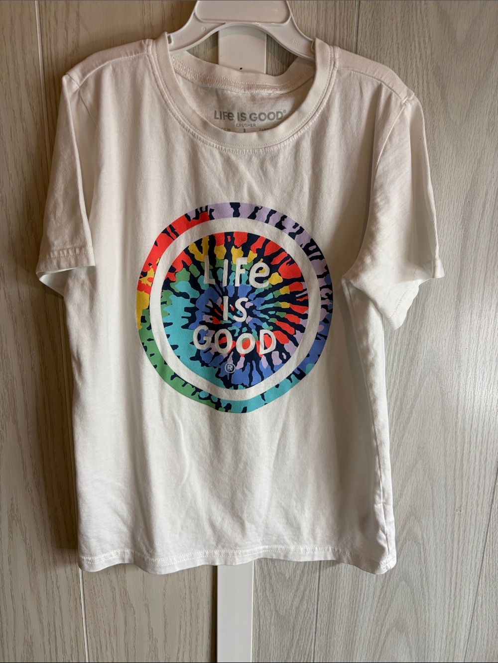 Life Is Good White Tee with Rainbow Tie-Dye Logo